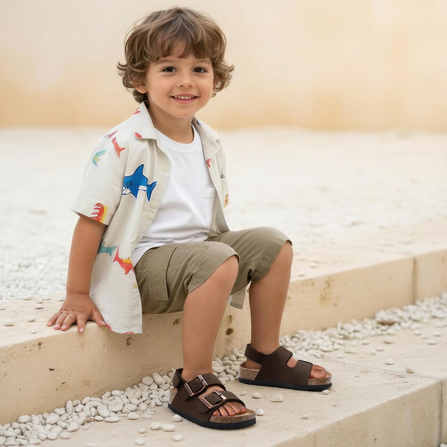 K KomForme Toddler Sandals Boys Girls Cork Footbed Open-toe Sandal Comfort Double Buckle Slip-on Shoes with Adjustable Back Strap