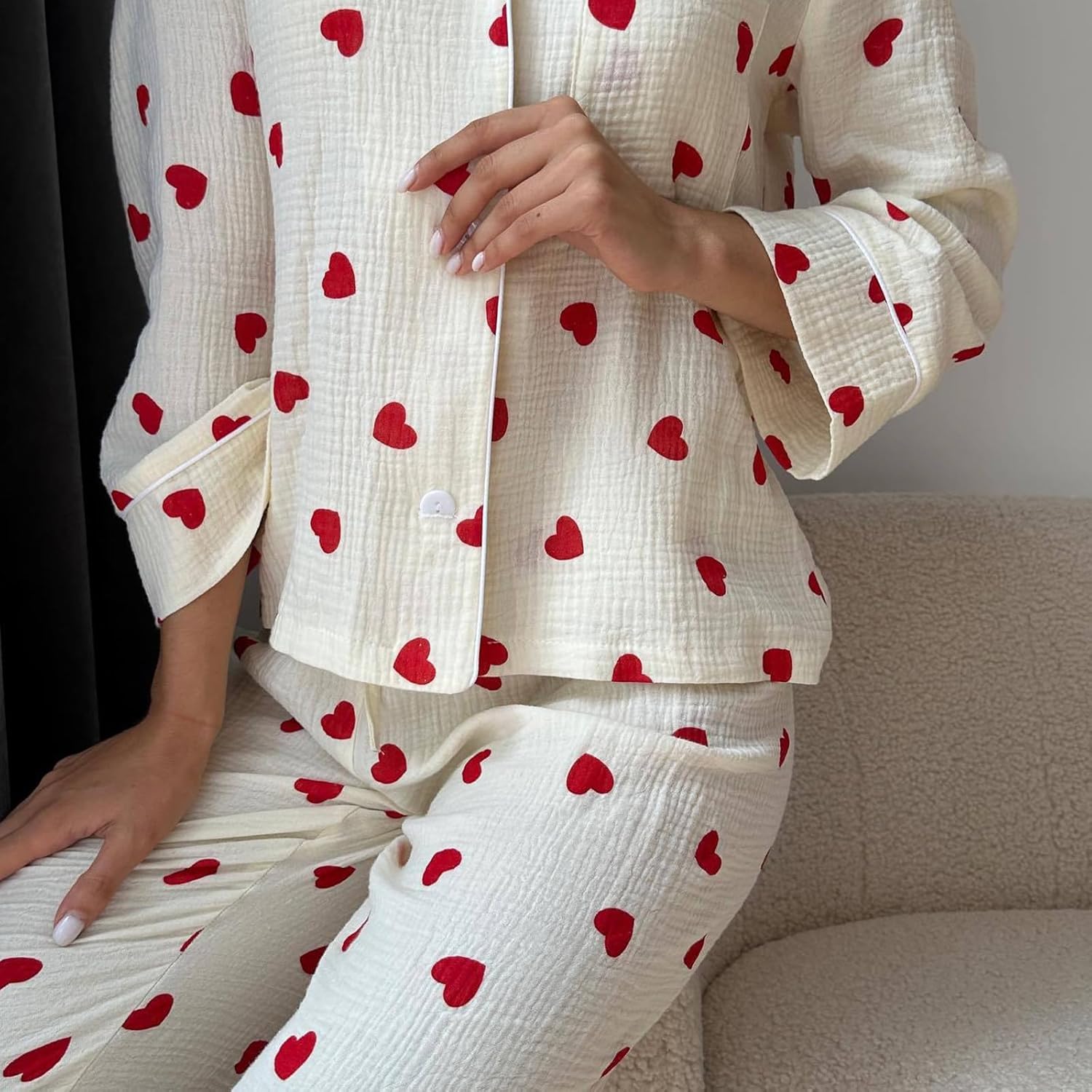 Womens 2 Piece Outfit Cotton Pajamas Pants Set Heart Print LongSleeve Button Shirt with Long Pants Loungewear - Image 3