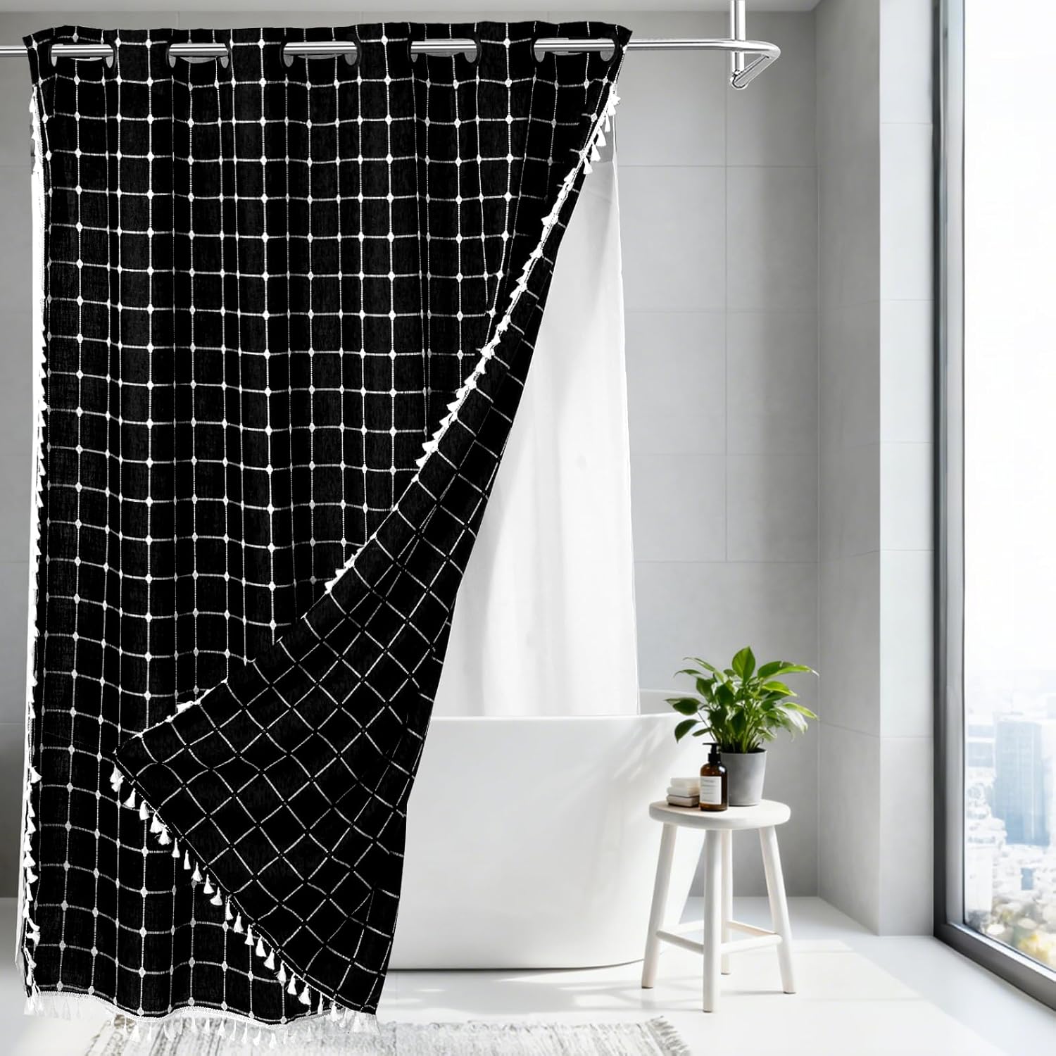 Boho Farmhouse No Hook Shower Curtain Set with Snap-in Fabric Liner,Water-Repellent,Rustic Neutral Bathroom Decor with Tassels and Magnets,Black and White,72x72