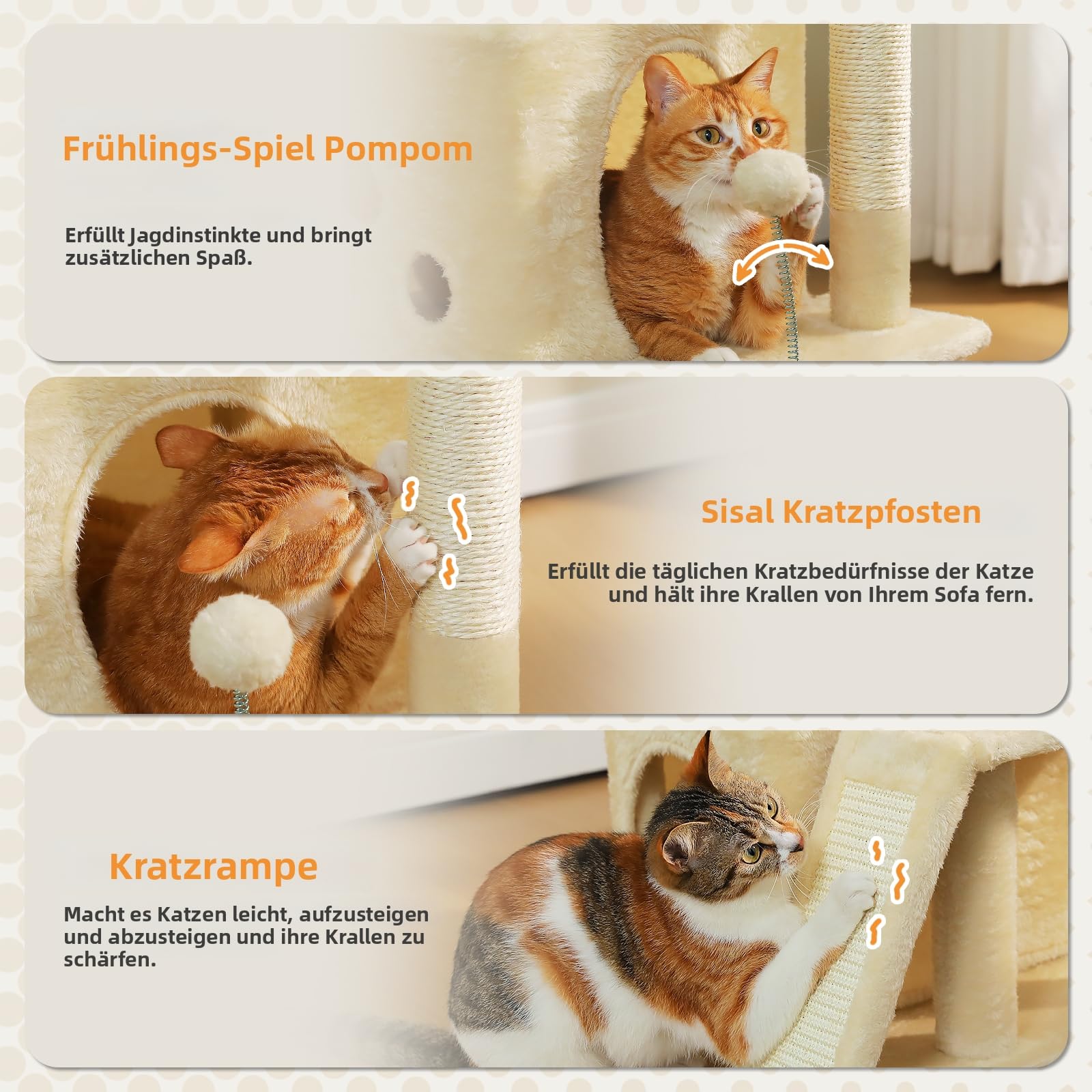 PETEPELA Tiragraffi per gatti da appartamento, 88 cm, con ampia superficie superiore, cuccia privata e colonna tiragraffi in sisal, tappetino tiragraffi per gatti da appartamento, beige