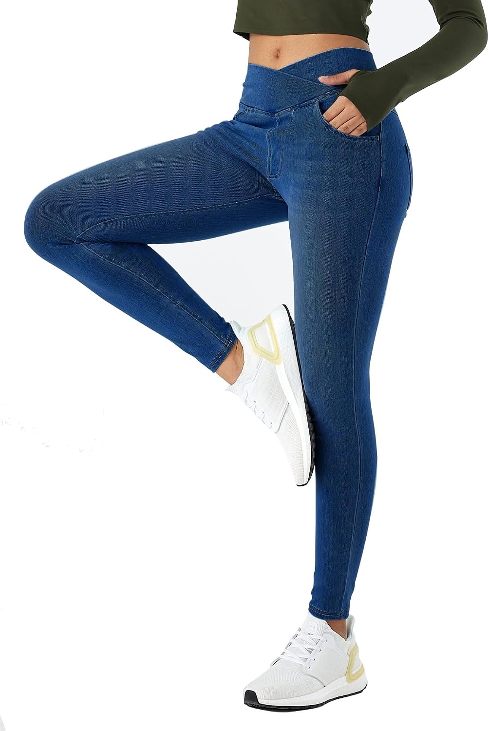 V Crossover Skinny Jeans Women High Waist Pull onTummy Control Casual Fitness Leggings, Highly Elasticity Yoga Pants