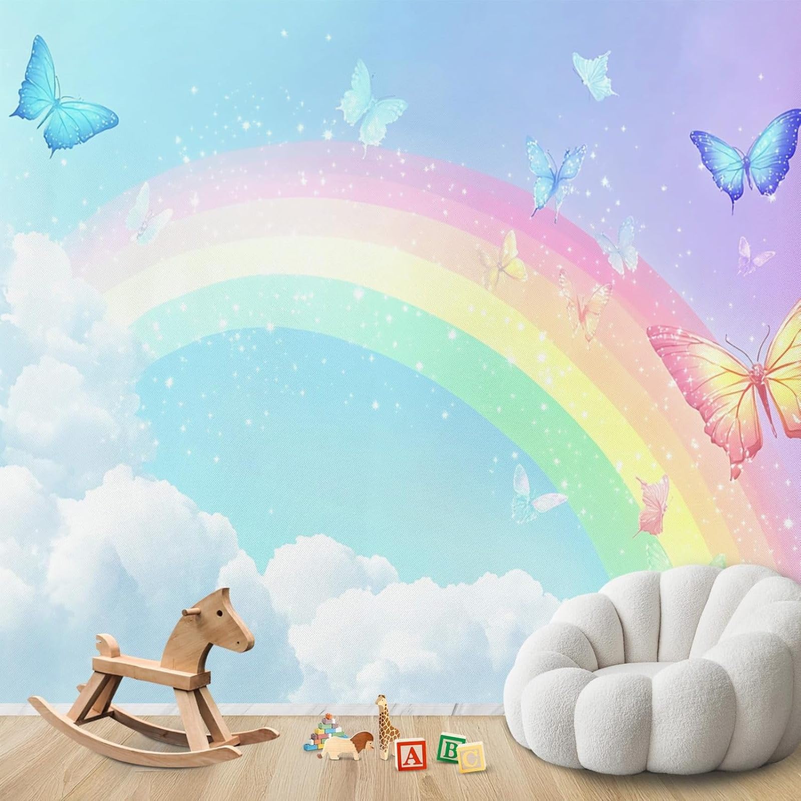 Photo Wallpaper Rainbow Butterflies Wallpaper Clouds Girls Room Non-Woven Modern Wall Living Room Bedroom Children's Room Wall Decoration Motif Wallpaper,350cmx256cm Stickers - Frameless Painting - Po