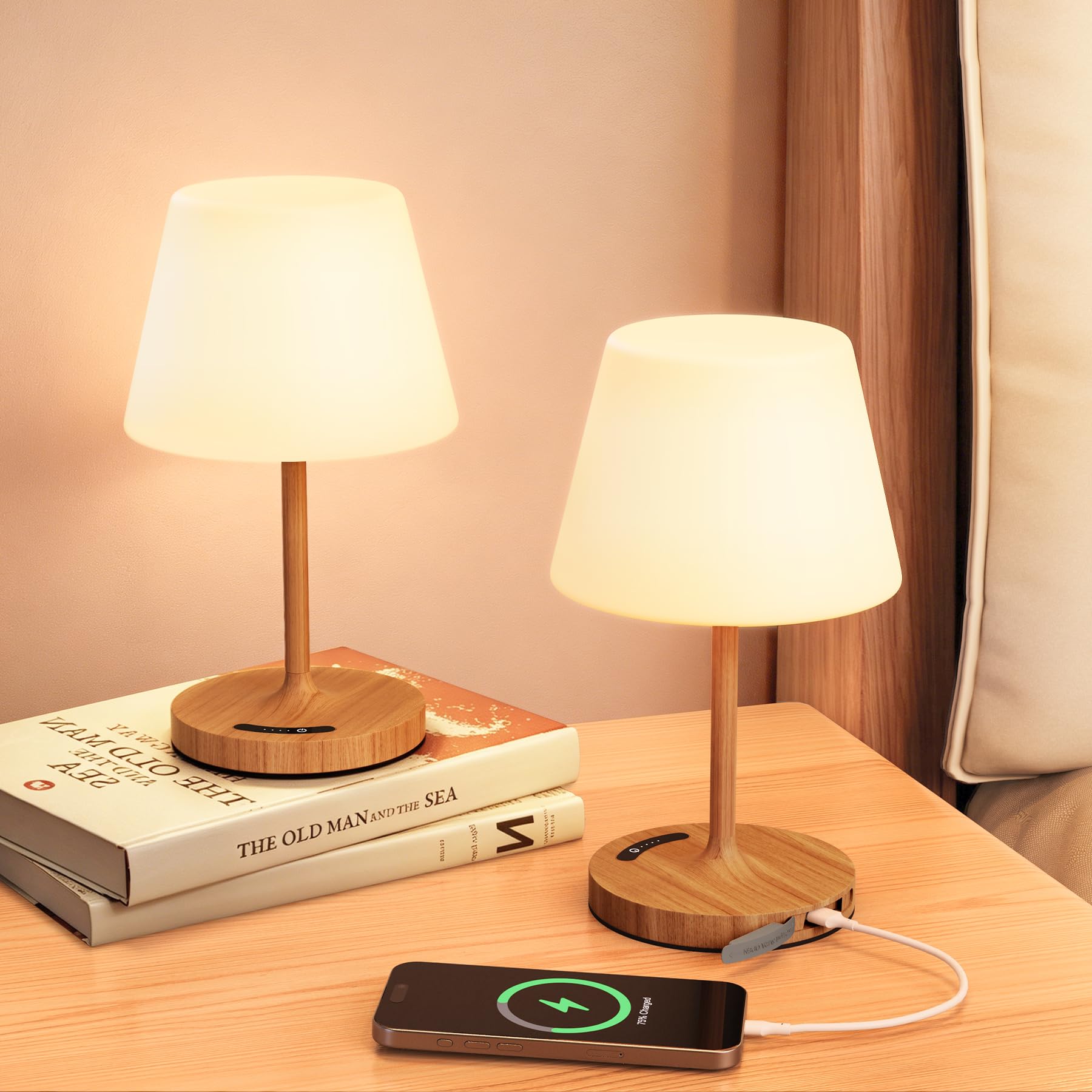 2 Stück Tischlampe Kabellos, 3 Farbtemperatur Nachttischlampe Touch Dimmbar mit Ladefunktion, IP54 Wasserdicht Tischleuchte Kabellos Memory Funktion für Schlafzimmer Esstisch Nachttisch (Holzmaserung)
