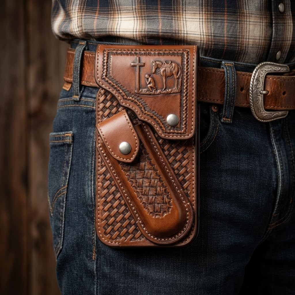 Leather Phone Holster with Knife Sheath - Praying Cowboy Embossed Belt Clip Pouch - Basketweave Pattern (Light Brown)