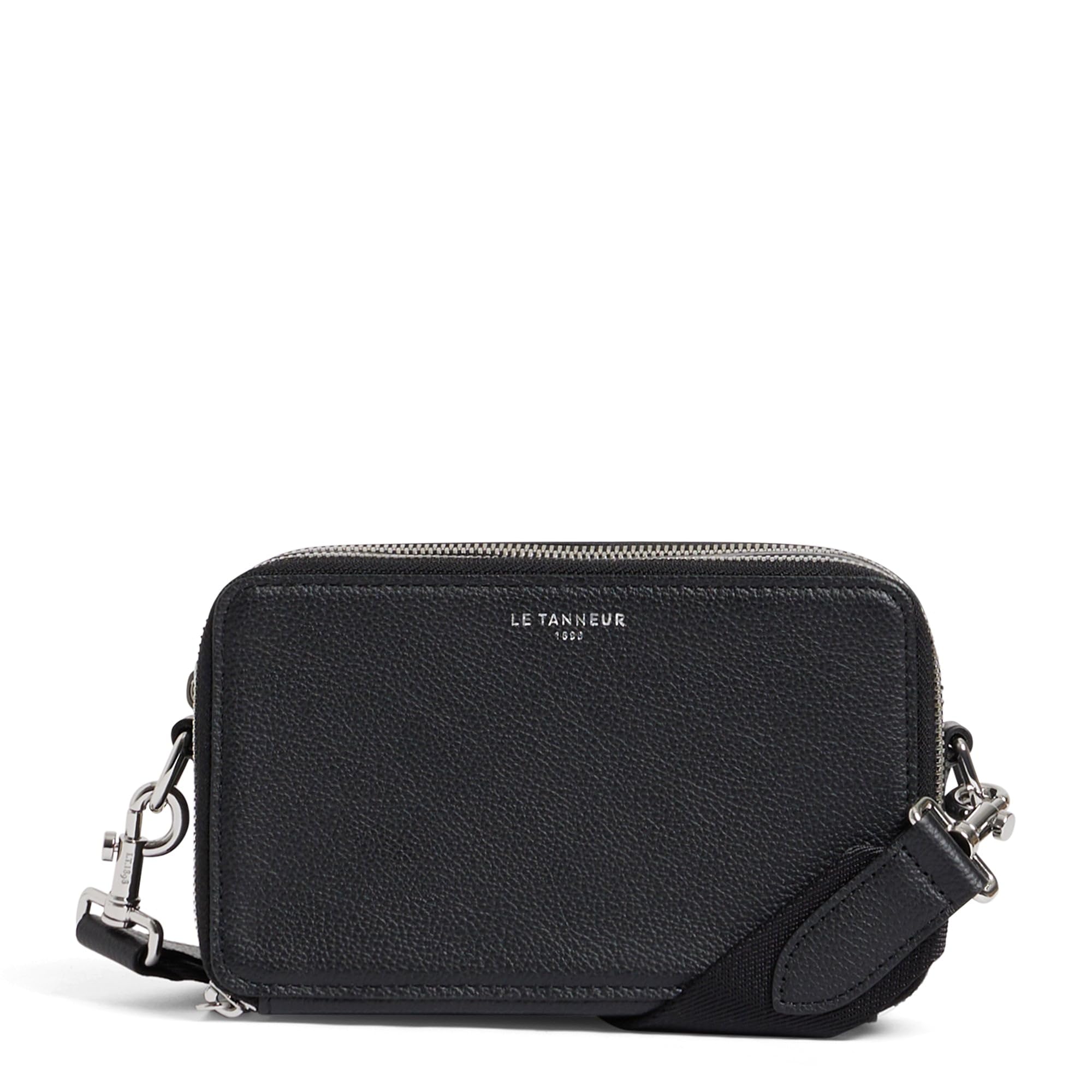 Le Tanneur, Borsa a tracolla piccola in pelle grana Emile, uomo, 2 tasche con cerniera, tasca piatta, tracolla rimovibile e regolabile, portata a mano, spalla, incrociata, Nero , L 23 x H