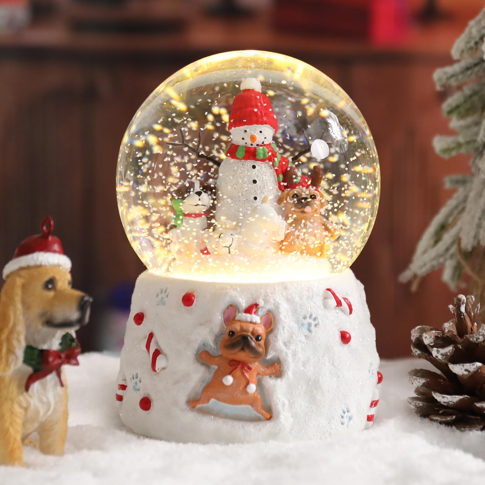 Vipush Christmas Snow Globe - Snowman & Puppies Style Musical Snow Globe with Color Changing Led Lights, Christmas Decorations with Music Box Gifts for Girls Kids, Decorations for Christmas & Birthday