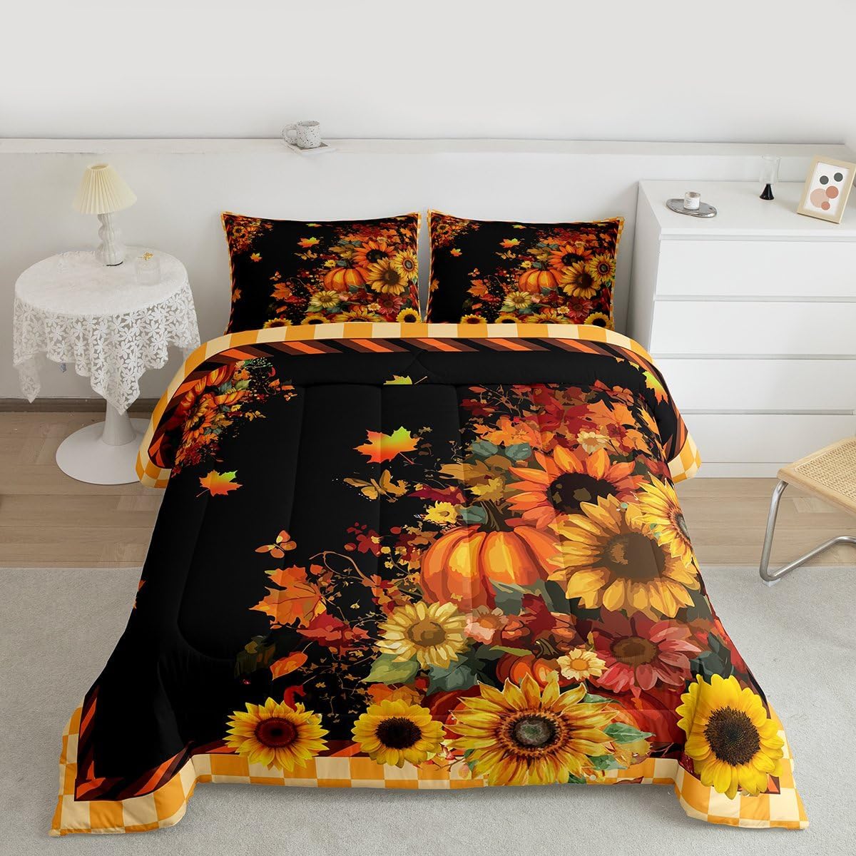 Feelyou Pumpkin Bedding Set Fall Sunflowers Butterfly Comforter Set Boys Girls Geometric Plaid Decor Comforter Microfiber Vintage Maple Leaves Duvet Set Bedroom Quilt Set Queen Size