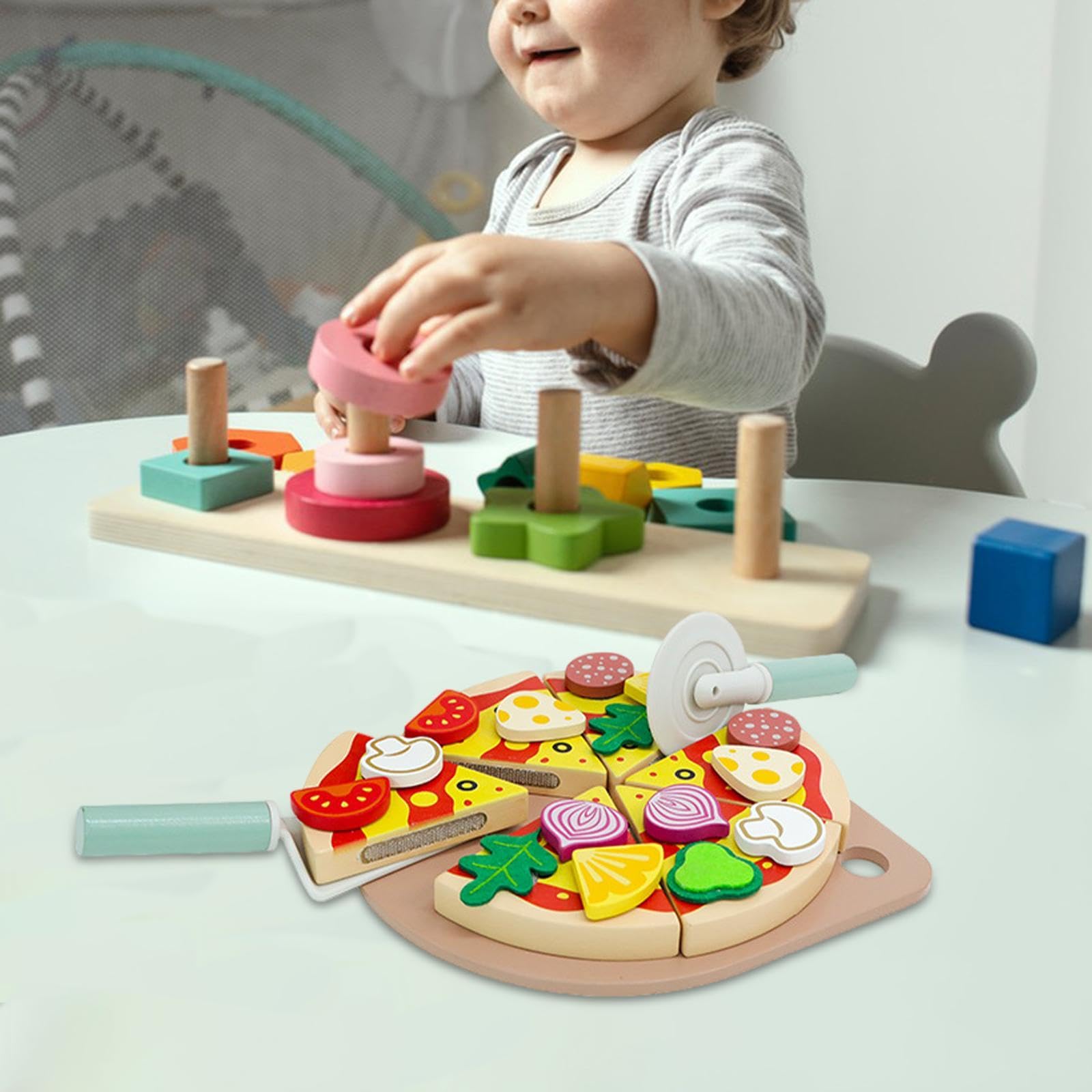 Juguete de Pizza, Juguete Educativo para Cortar Comida, Juguete de Cocina, Bandeja de Accesorios de Madera, Pintura Al Agua para Niños, Adecuado para