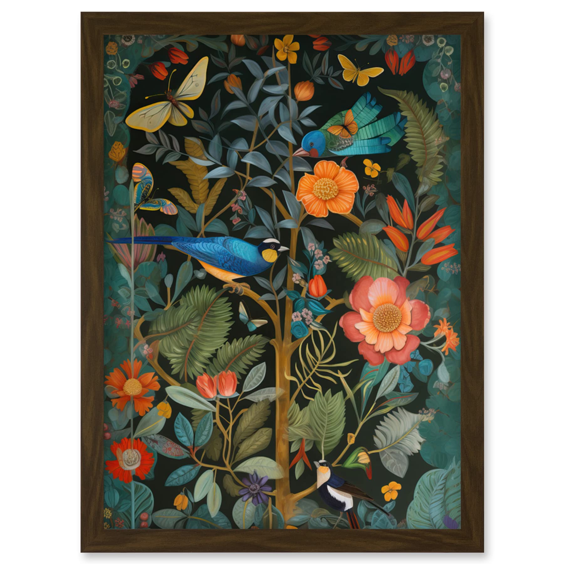 Birds and Butterflies Modern Flower Art Nouveau Framed Wall Art Picture Print A4