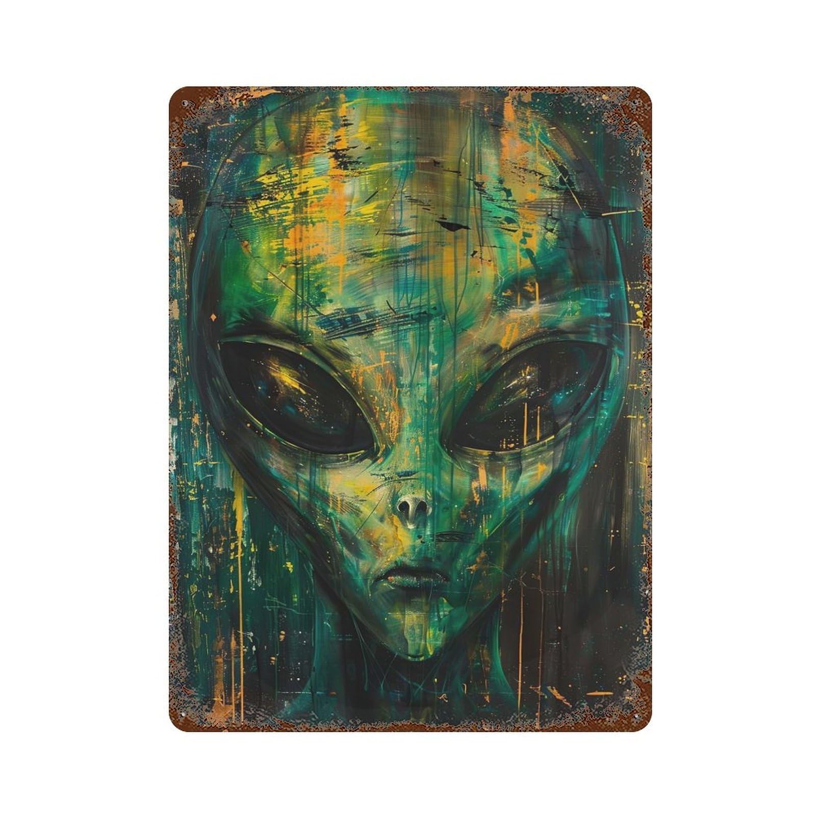 Alien Art LXII 15.7"x11.8" Aged Metal Wall Plaque, Retro Wall Decor for Farmhouse, Kitchen And Entryway Decor