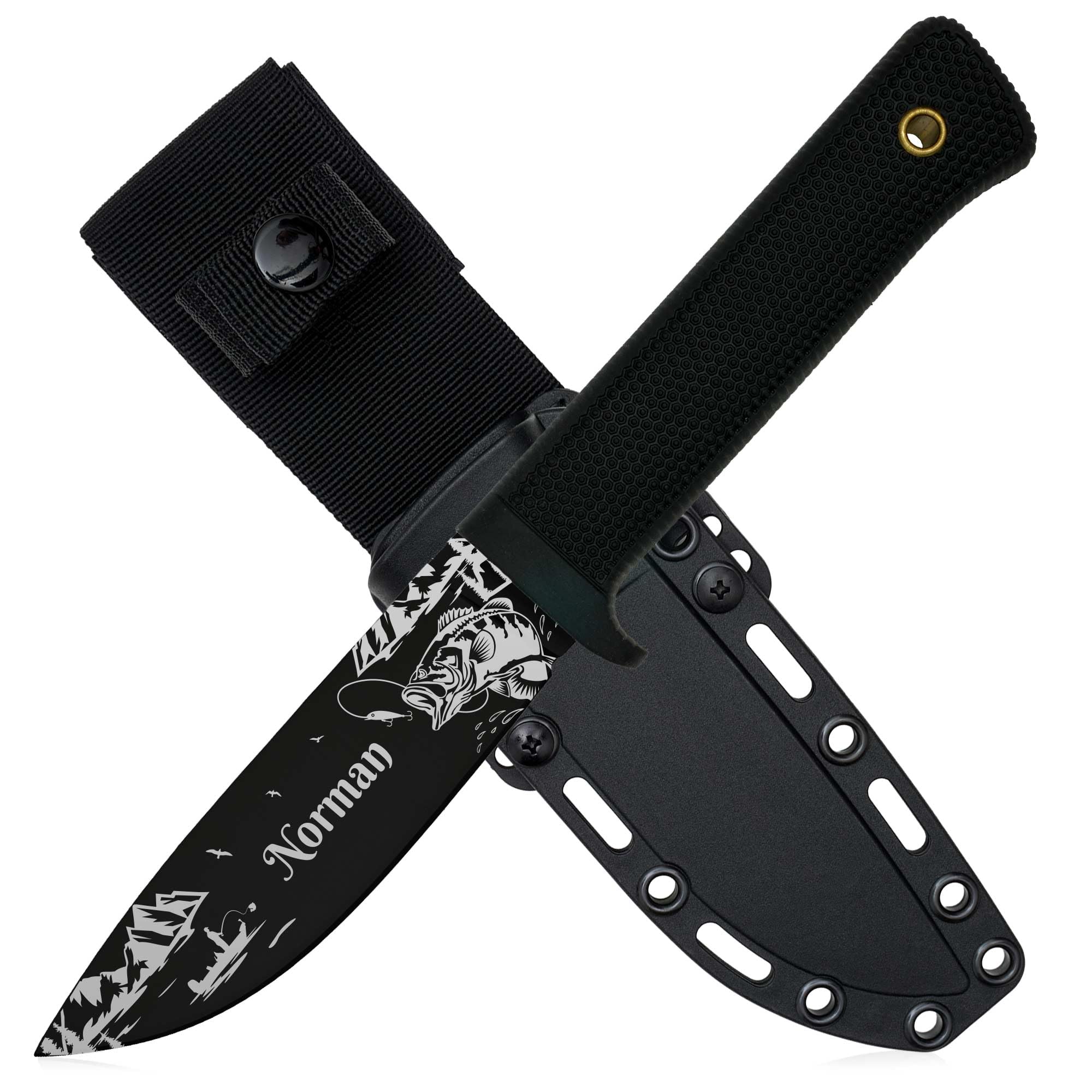 ADAM WILD Angelmesser mit Gravur | schwarze Klinge | Geschenke für Angler | Personalisiertes Anglermesser, Name & Motiv graviert | robuste Edelstahlklinge & gummierter Griff | inkl. Messerscheide