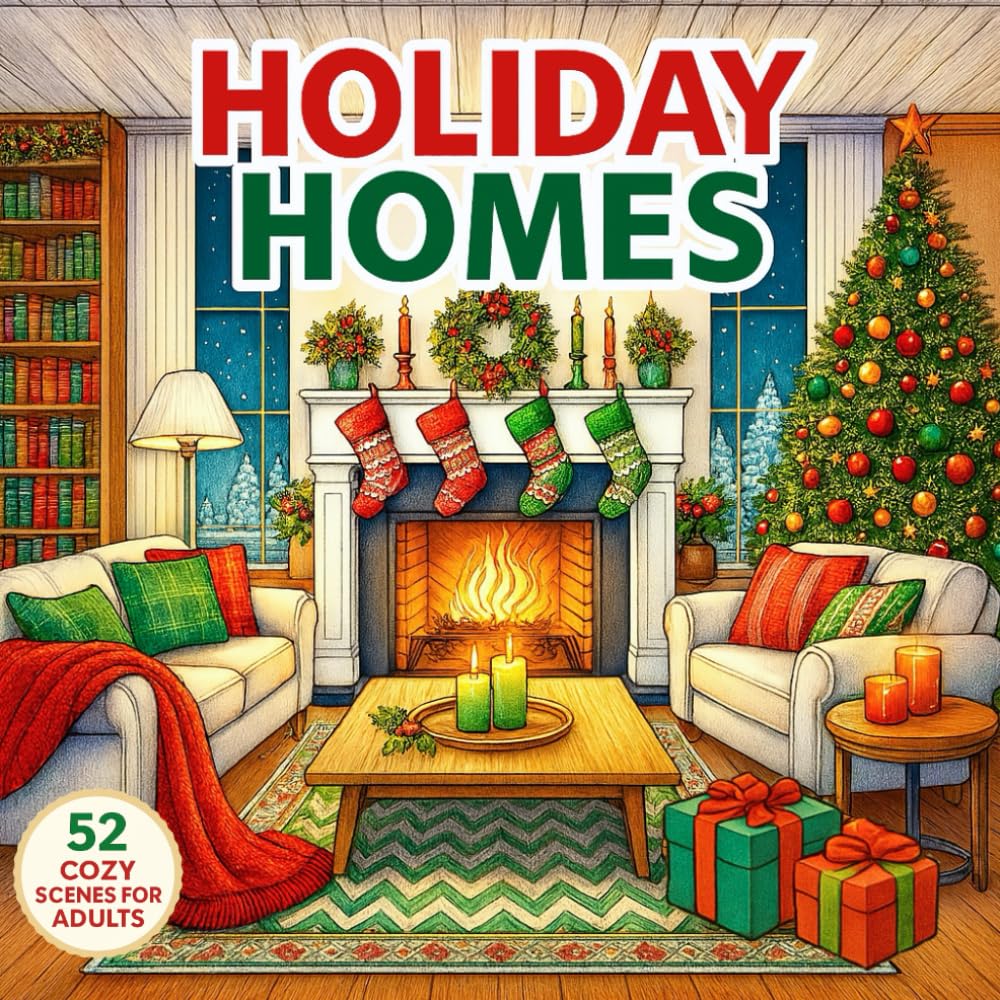 Holiday Homes Adult Coloring Book: Festive Cozy Houses for Christmas and Winter Holidays – Coloring Book for Adults with Snowy Cottages, Winter Scenes, and Holiday Decorations.