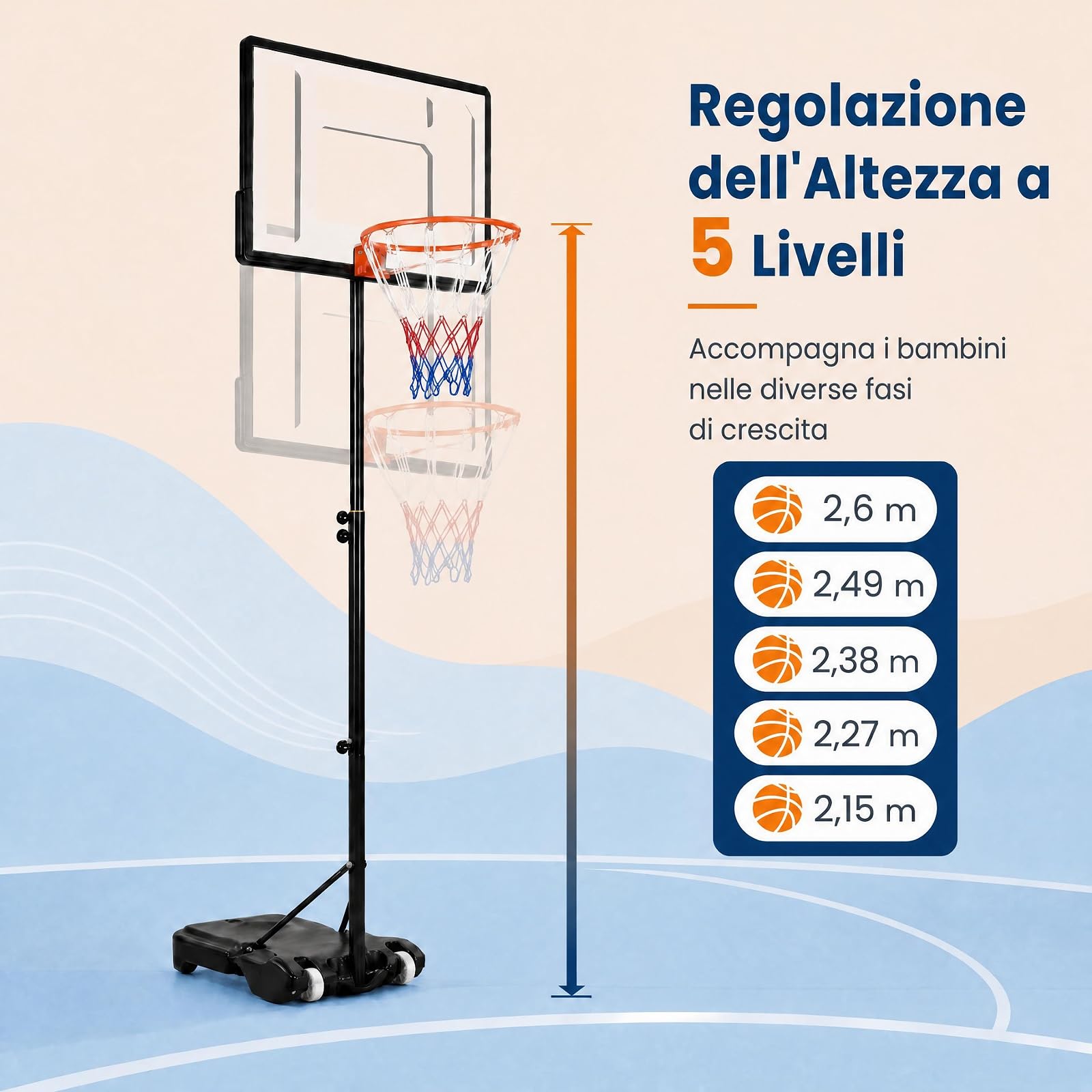GYMAX Canestro da Basket per Adolesenti e Adulti, Altezza 263-308 cm