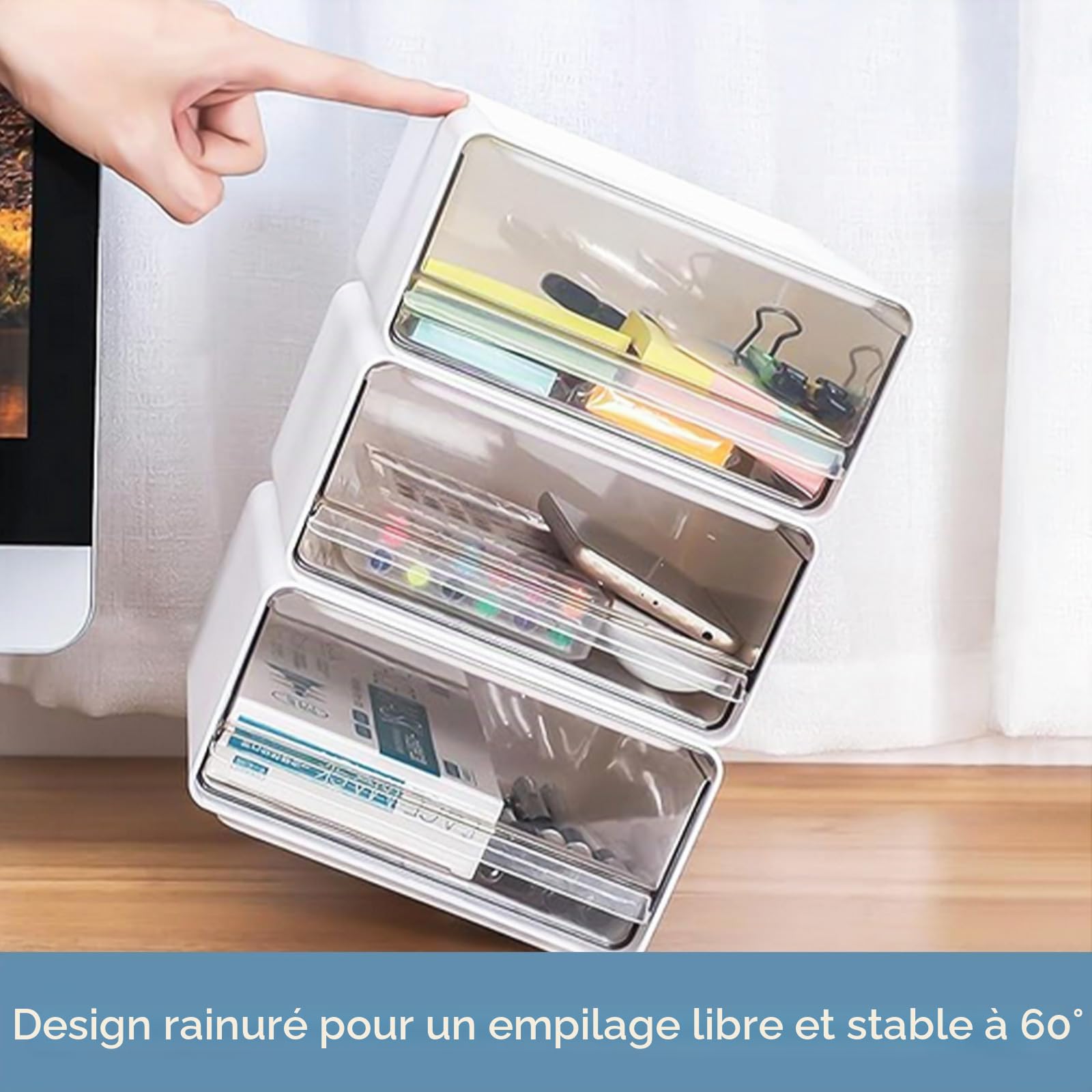 Lot de 4 organiseurs de bureau empilables avec 4 tiroirs, boîtes à tiroirs blanches transparentes avec étiquettes, organiseur de bureau en plastique pour maquillage, maison, coiffeuse (4 pièces, blanc