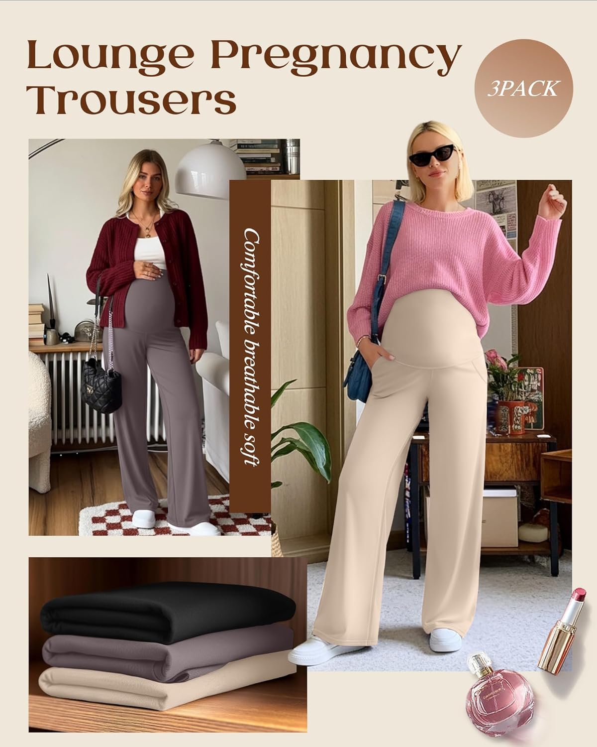 3 Pack Women's Maternity Yoga Pants Over The Belly Pregnancy Pants Wide Leg Lounge Trousers with Pockets - Image 3