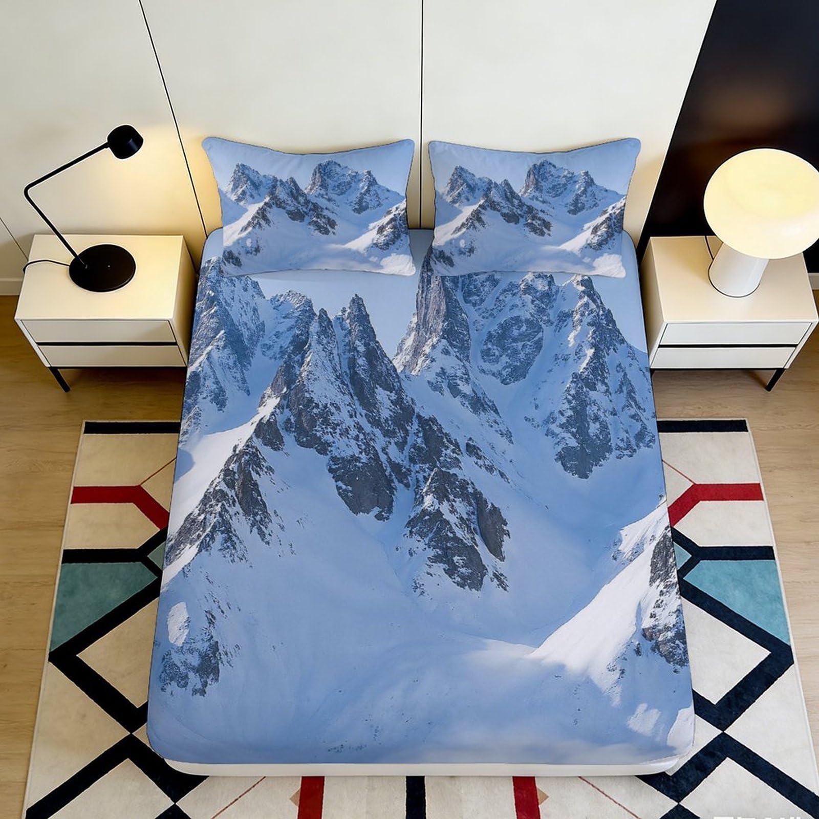 3D Printed Mountain Snow Peaks Fitted Sheet Microfiber Anti-Slip Bed Sheet for Bedroom Guest Room Dorm Decor 90x200x25cm