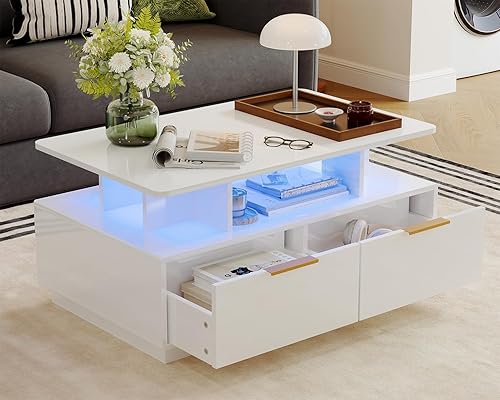 Miniatura 9 de Garvee Mesa auxiliar LED con almacenamiento, mesas centrales de alto brillo de 35 pulgadas con 4 cajones y estante abierto, mesa de sofá rectangular