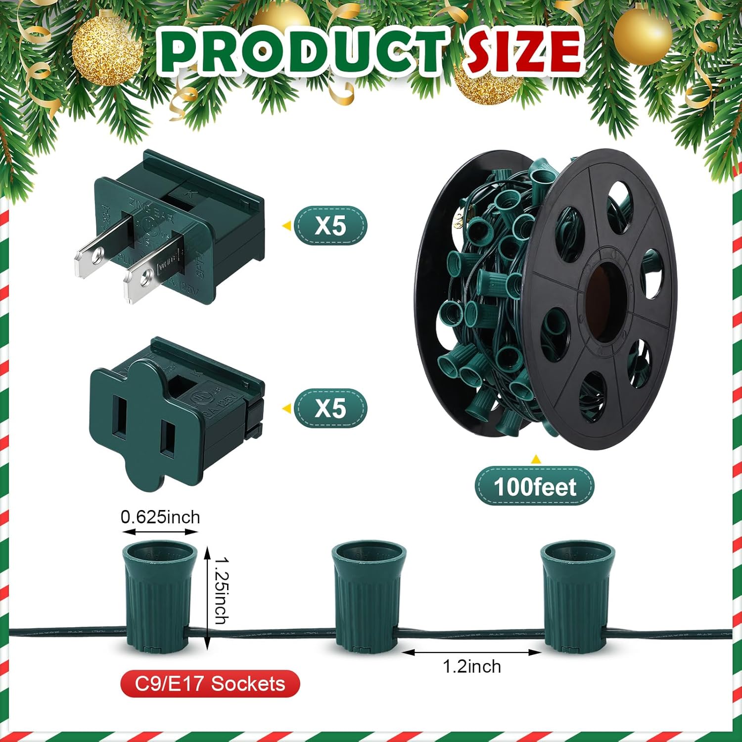 C9/E17 Christmas Light Sockets Set Spool Outdoor UL Listed String Light Christmas Stringer Bulk Holiday Lighting Outlet 12 Spacing for Patio Event Lighting Decor Green Wire(10 Plugs,100 ft)