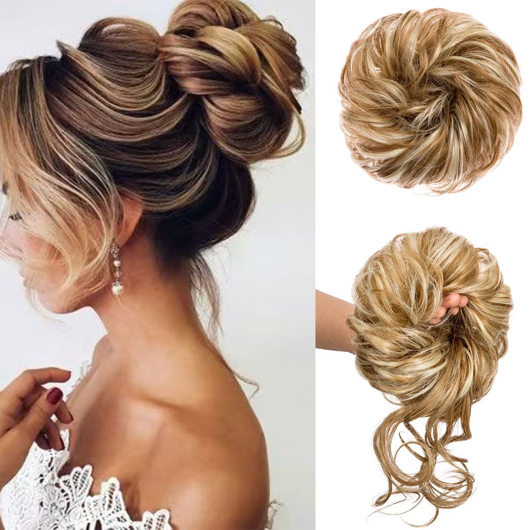 2 Stück unordentliches Dutt-Haarteil für Hochsteckfrisuren, elastisches Haarteil für Damen, synthetisches Haarknoten, Donut-Zubehör (Mischbraun)