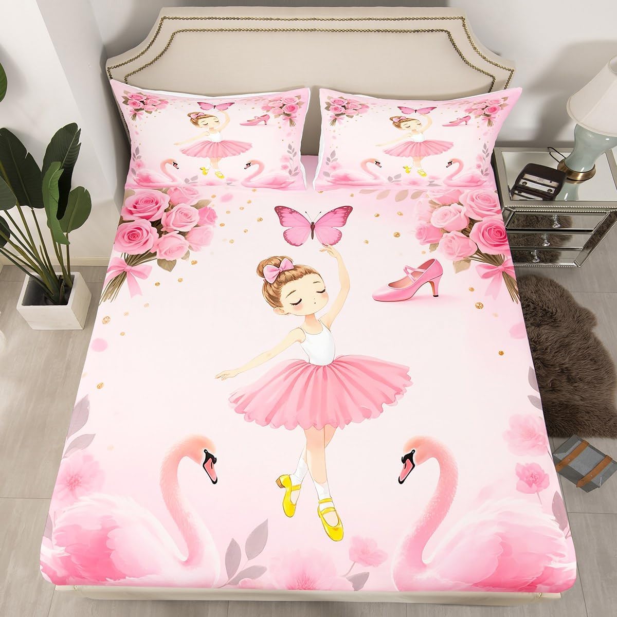 Pink Ballet Bed Sheets Set Twin Size Kids Ballerina Swan Fitted Sheet with Deep Pocket for Boys Girls Teens Dancer Bedding Set Breathable Princess Decor Bedroom Decor Bedclothes
