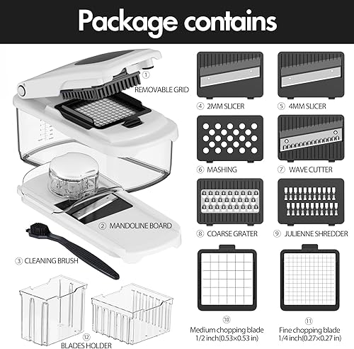 Vista 6 de Cambom Picador de verduras con contenedor, cortador multifuncional de alimentos para cebollas y verduras con 8 cuchillas, rebanador de zanahoria