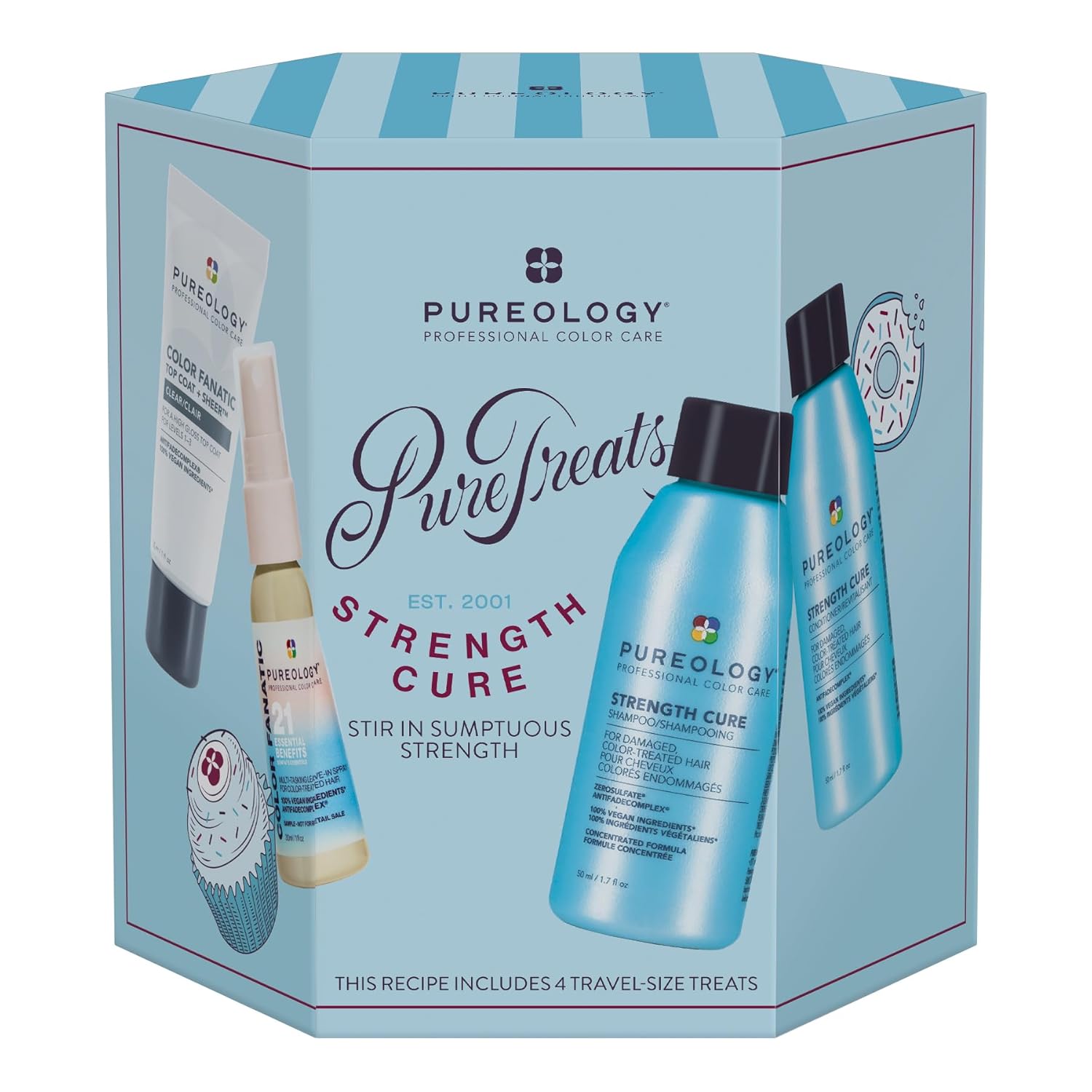 Pureology Pure Treats Strength Cure Mini Kit - Sulfate-Free Repairing Shampoo, Conditioner, Color Fanatic Leave-In Conditioner & Color Fanatic Top Coat Sheer for Damaged Hair