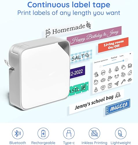 Miniatura 5 de Vixic D1600 Bluetooth Label Maker (Comes with 4 Color Label Tapes) Bundle with 4-Pack 3D11 Black on White Tape, 12mm (12 Inch), Compatible D1600
