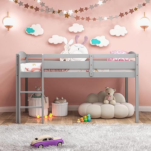 Miniatura 8 de DORTALA Cama alta individual, cama alta para niños que ahorran espacio con escalera y barandillas de seguridad para niños, cama baja para