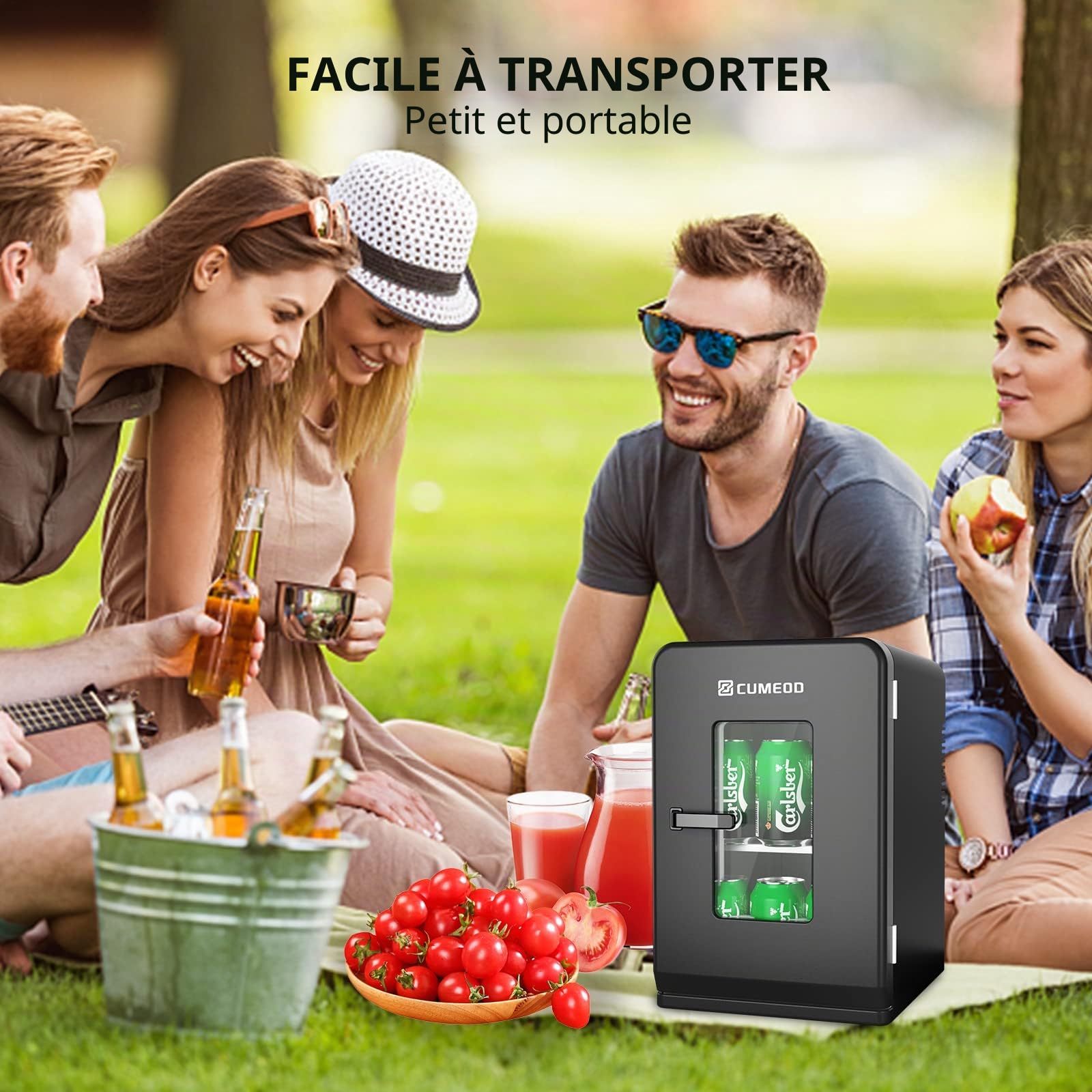 Cumeod Mini Frigo de Chambre, 15L /21 Canettes 330ml, 12V DC/220V AC Petit Frigo Cosmetique avec Fonction Chaud/Froid Pour Aliments, Boissons, Cosmétiques, Mode Max et ECO(Noir)