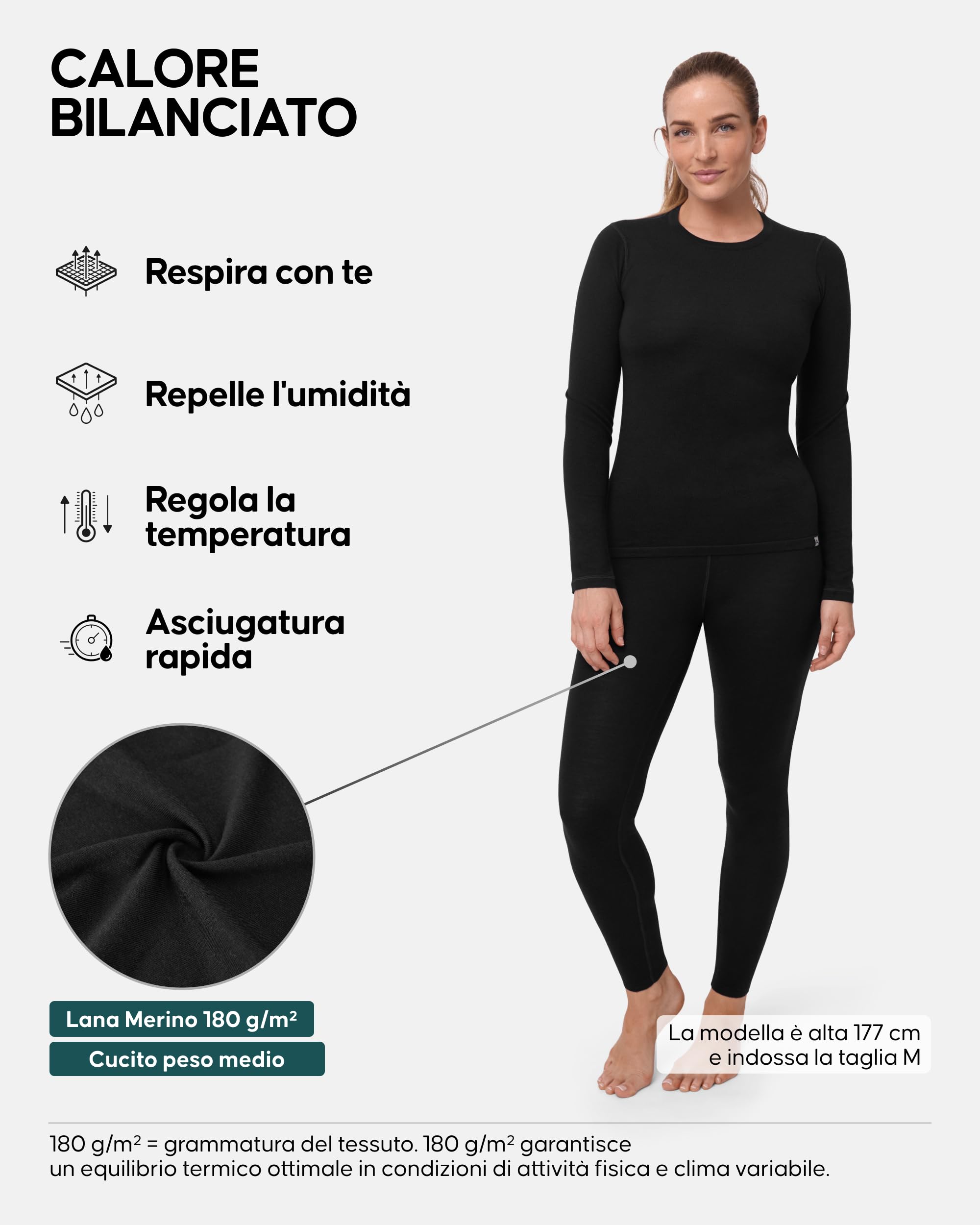DANISH ENDURANCE Completo Termico Lana Merino Donna, Nero, XXL | Set termico in Lana Merino 180g/m², anti-odore e traspirante, cuciture piatte senza etichette, per sci, trekking e casa