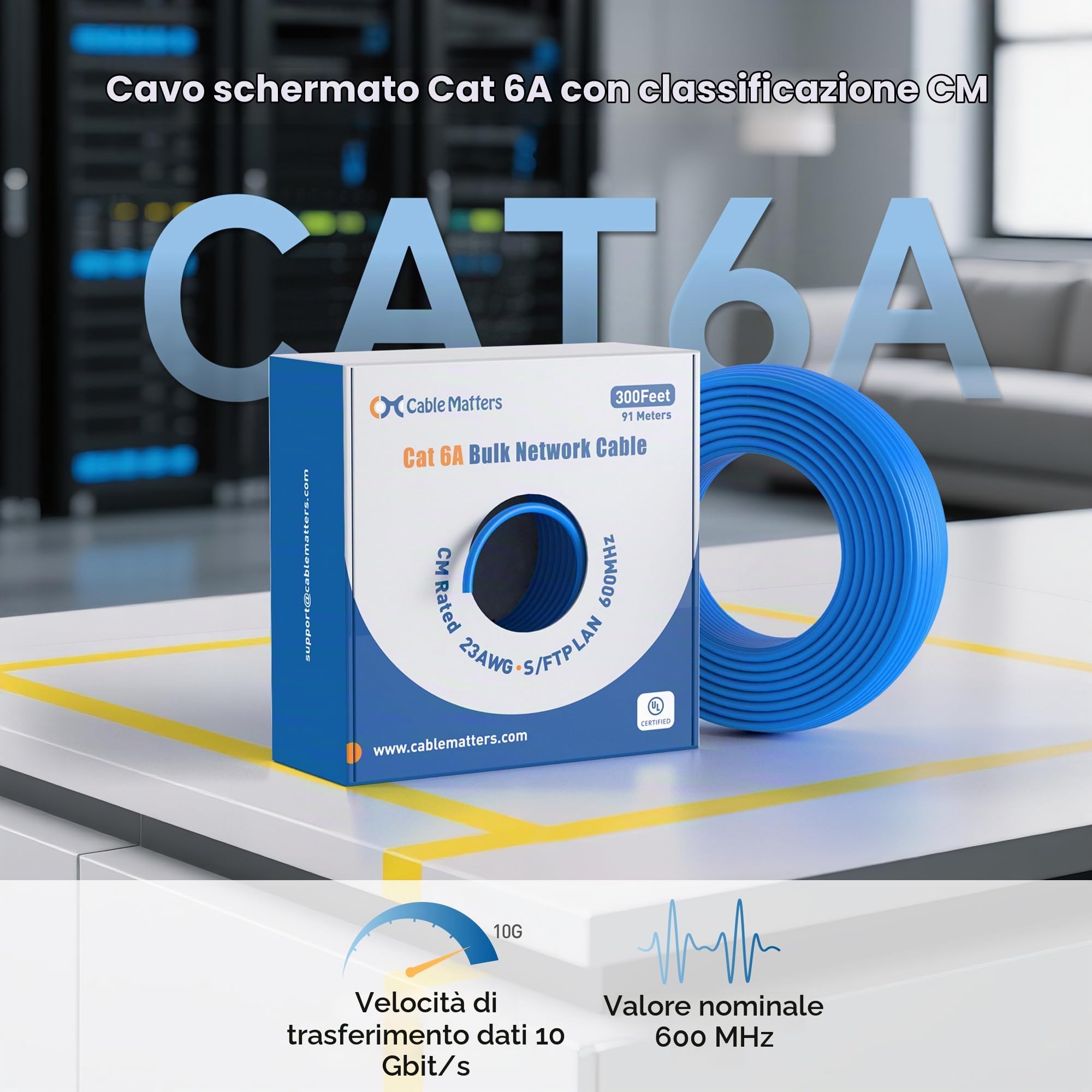 Cable Matters Cavo Ethernet Cat6a schermato in rame nudo da 10 Gbps a parete (CM) nominale 23 AWG, cavo Ethernet Cat6a, 91,4 m, solido, S/STP, S/FTP, cavo Ethernet Cat6a, blu