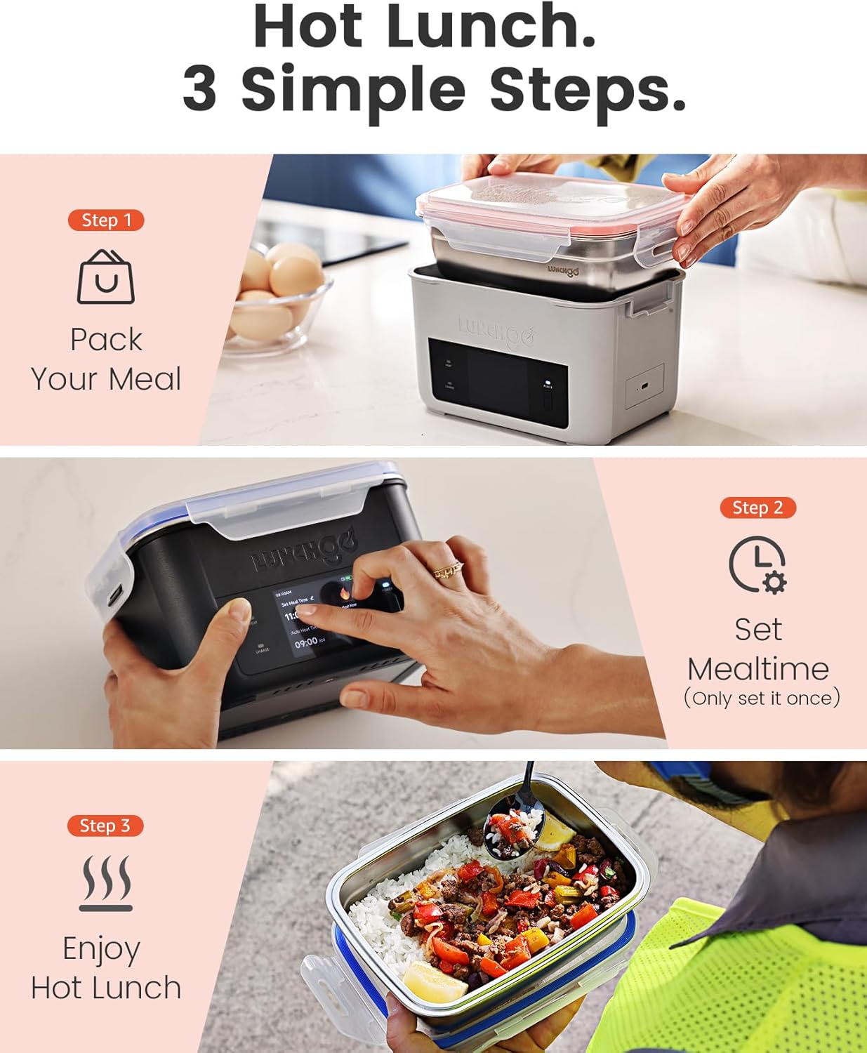 LUNCHGO® G1-Standard(74 Wh), Smart Electric Heated Lunch Box – Cordless, 5 Cups Capacity, Battery Powered, 250°F Max, Scheduled Heating, Perfect for Outdoor Work, On-The-Go Meals (Neon Gray) - Image 5