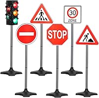 KiddiePlay Kids Traffic Light Toy Set with 5 Street Signs - Working Beeping LED Light, Easy Assembly, Road Safety Play