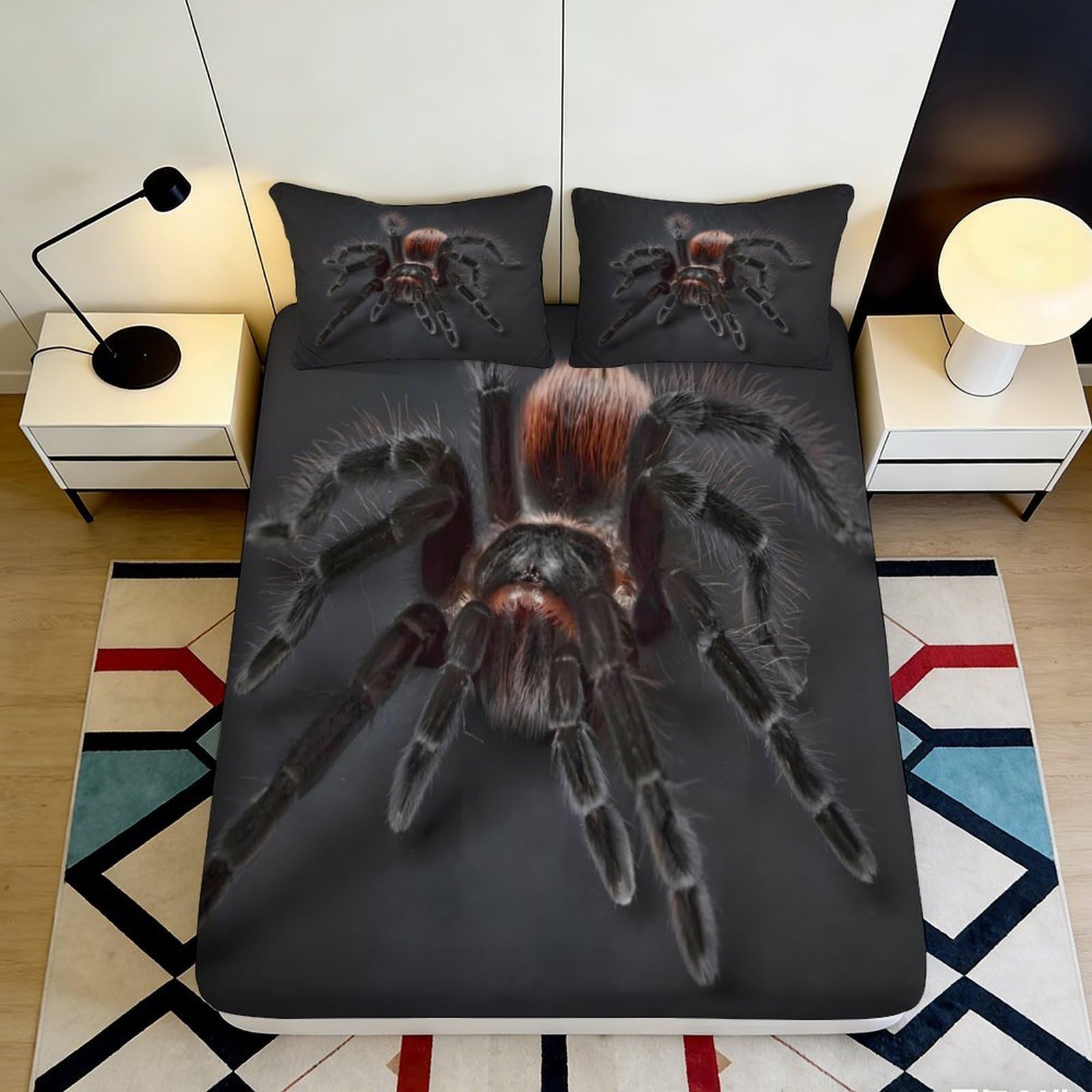 3D Printed Realistic Tarantula Fitted Sheet Microfiber Soft Black Spider Mattress Cover for Bedroom Dorm Easy Care 90x200x25cm