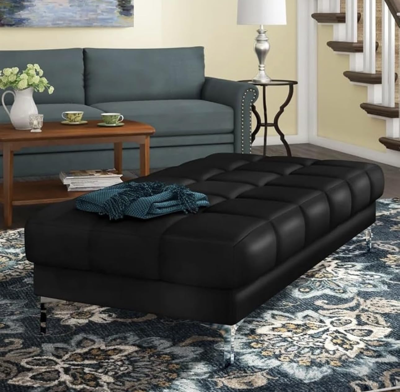LEGACY OF COMFORT Meraz Faux Leather Upholstered Ottoman Bench for Living Room Chest for Sofa Couch Bedroom Entryway (Blackk Leather)-image-23