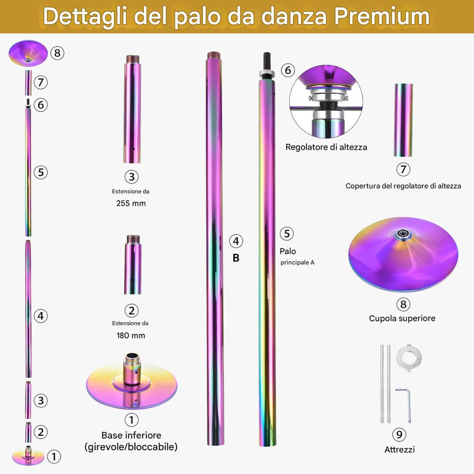 Palos Pole Dance Professionale Altezza Regolabile 223,5-274,5 cm 45 mm Rotante e Statico Portatile Nero/Multicolore