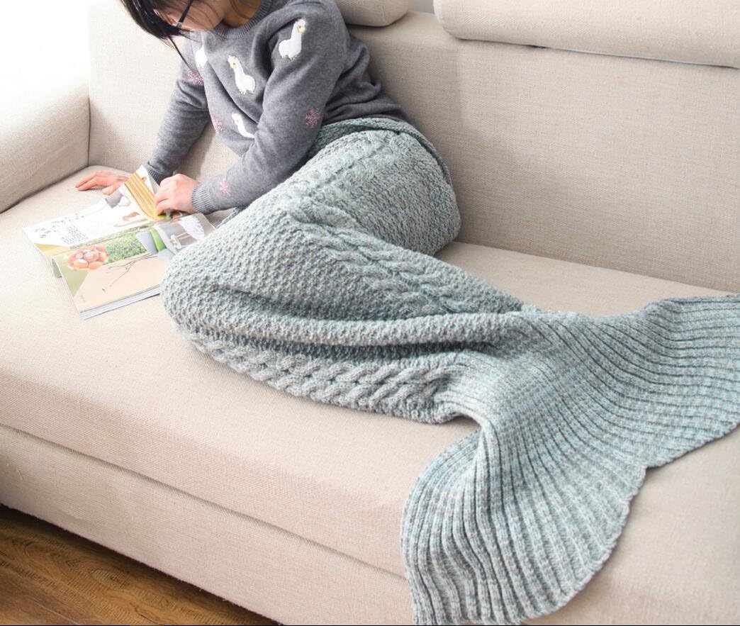 CASOFU Green and Gray Mermaid Tail Blanket,Kids Thick Mermaid Tail Blanket Snuggle Mermaid