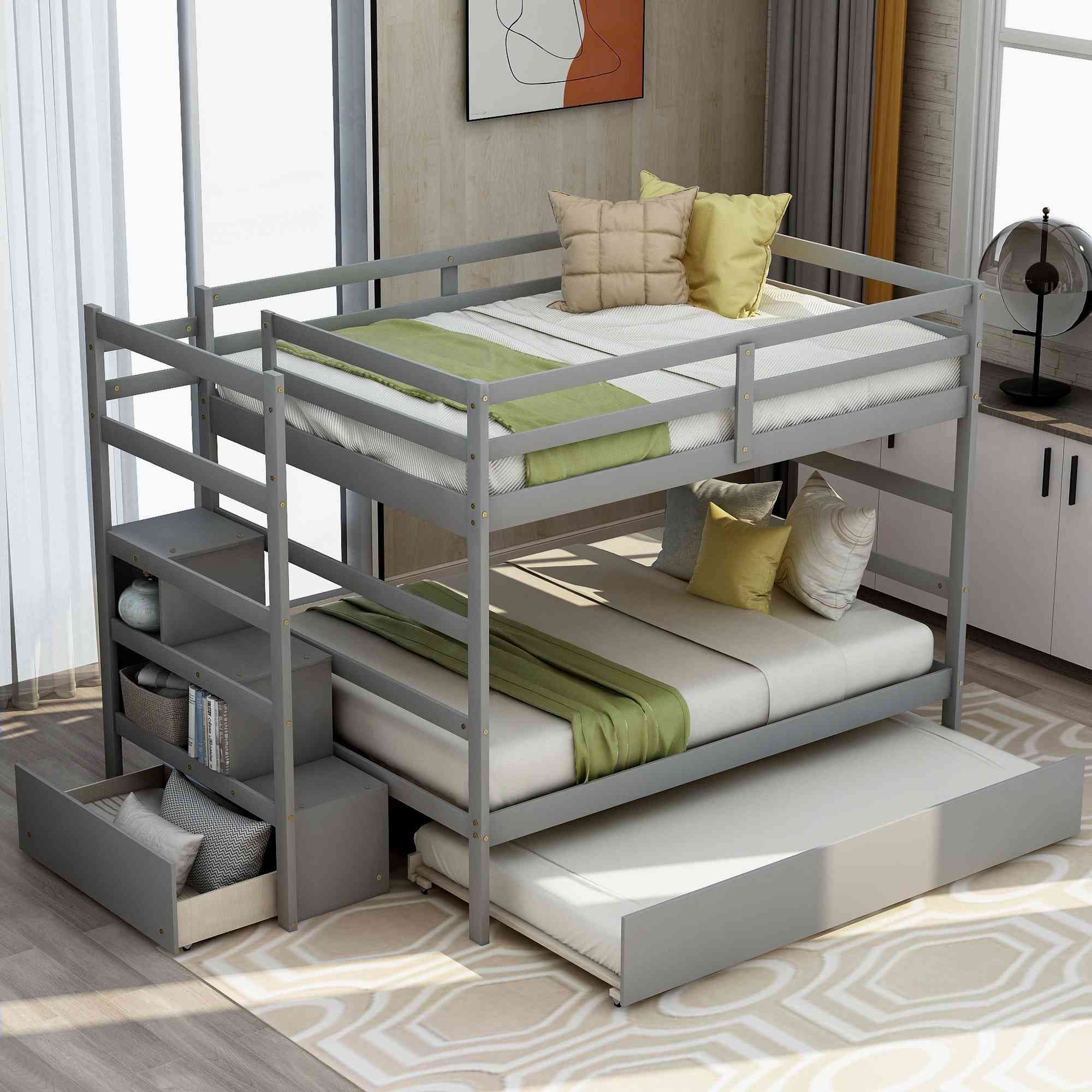 Trundle Full Bunk Bed with Trundle & Storage Drawers and Two Open Shelves,Solid Wood Bunkbeds with Safety Guardrails for Dorm,Bedroom,Guest Room,No Box Spring Needed, Grey