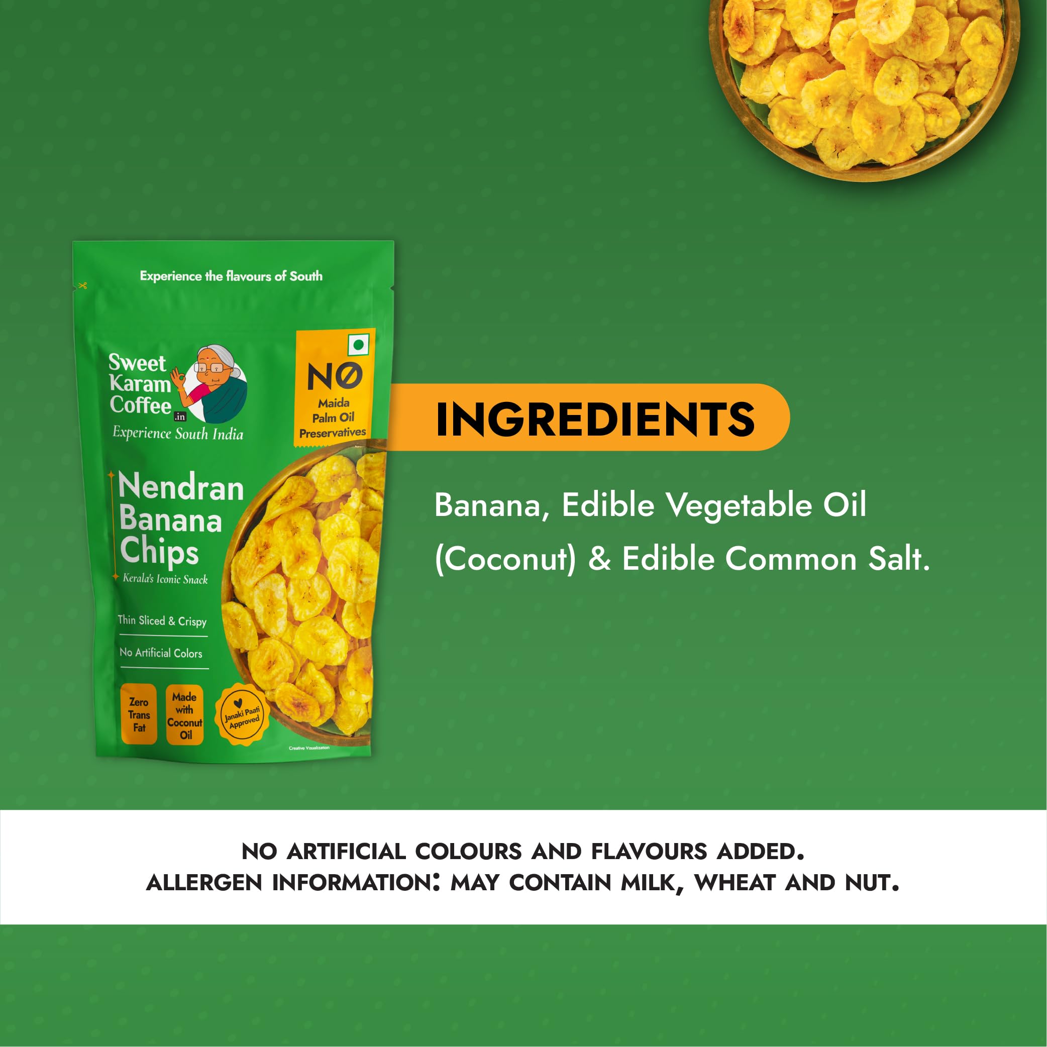 Sweet Karam Coffee Nendran Banana Chips β 500 grams | Made with 100% Coconut Oil | No Preservatives | Kerala Special Crispy, Thin Sliced Yellow Plantain Wafers | Healthy Tea Time Snack 1
