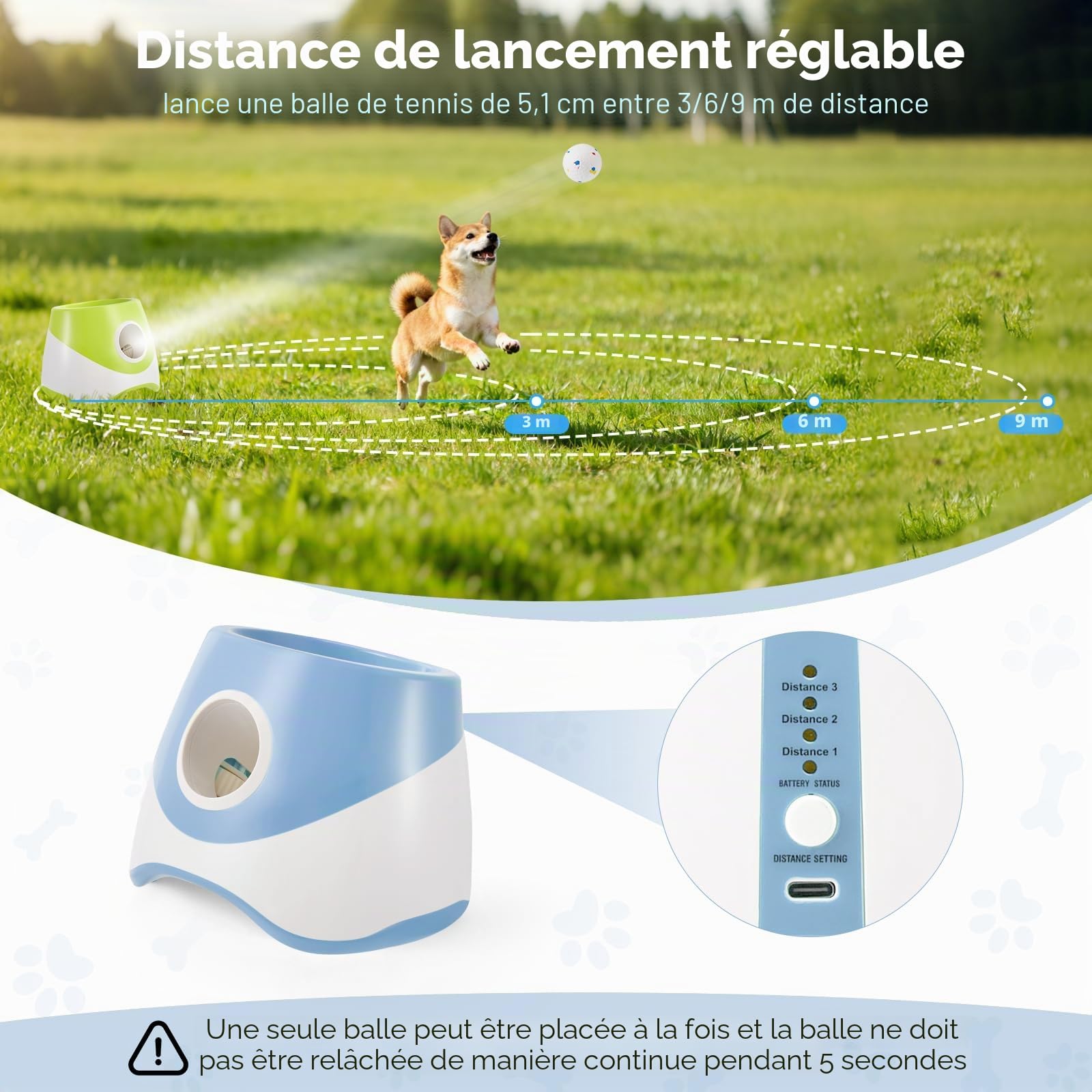 Lanceur De Balle pour Chien,3 Niveaux Distance,avec 6 Balles De Tennis | Rechargeable, Lanceur De Balle Automatique pour Intétieur &Extérieur