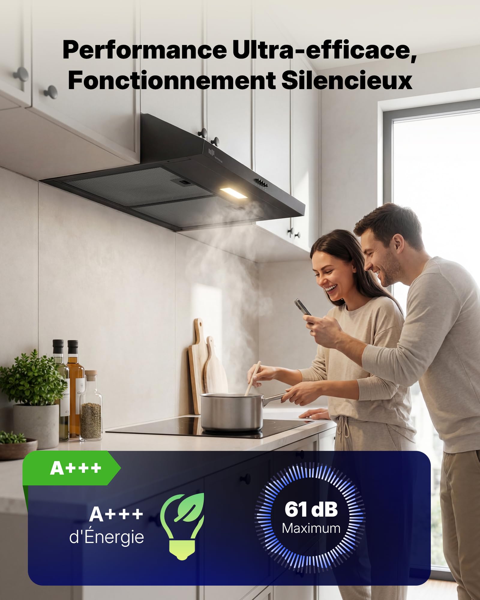 Upstreman Hotte Aspirante 60 cm, Classe A+++, 3 Vitesses (220 m³/h), Évacuation ou Recyclage avec Filtre à Charbon, Silencieuse 61 dB, Éclairage LED 1,5W, Noir, HU60