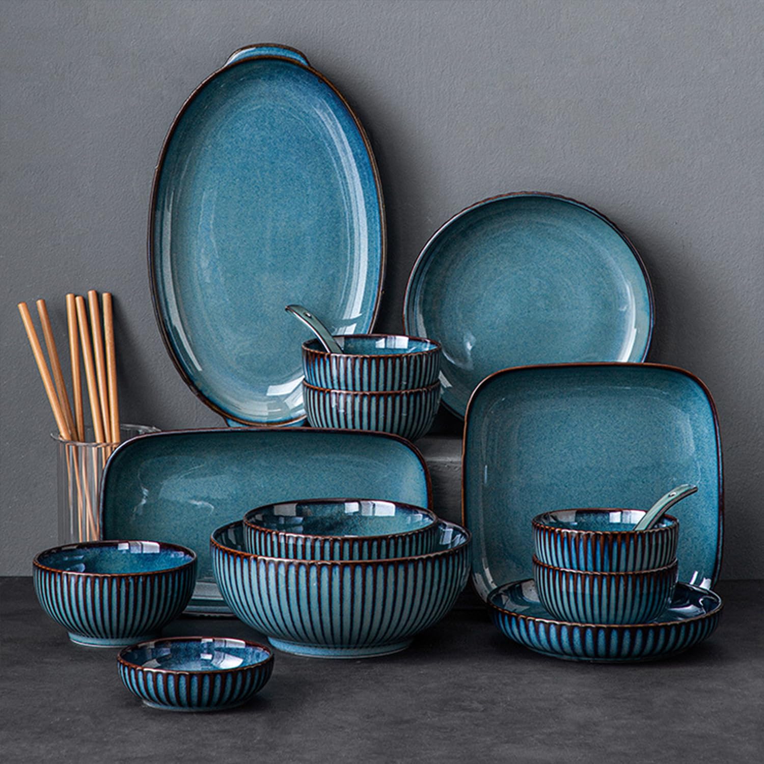 Müslischalen-Set, blaue Suppenschüsseln, mikrowellengeeignet, Reisschalen, Frühstücksschalen, Keramik-Müslischalen (4 Stück, 15,2 cm)