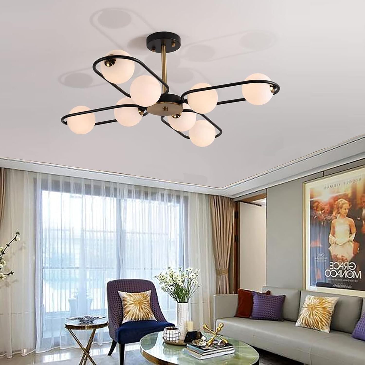 Nowoczesna lampa LED, elegancka klasyczna lampa sufitowa z 8 lampami z białymi kryształami w kształcie litery V, 80 x 65 cm