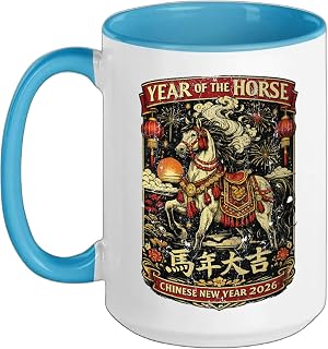 2026 Year of the Horse Chinese New Year Majestic White Horse Ceramic Mug, Blue/White, 15oz