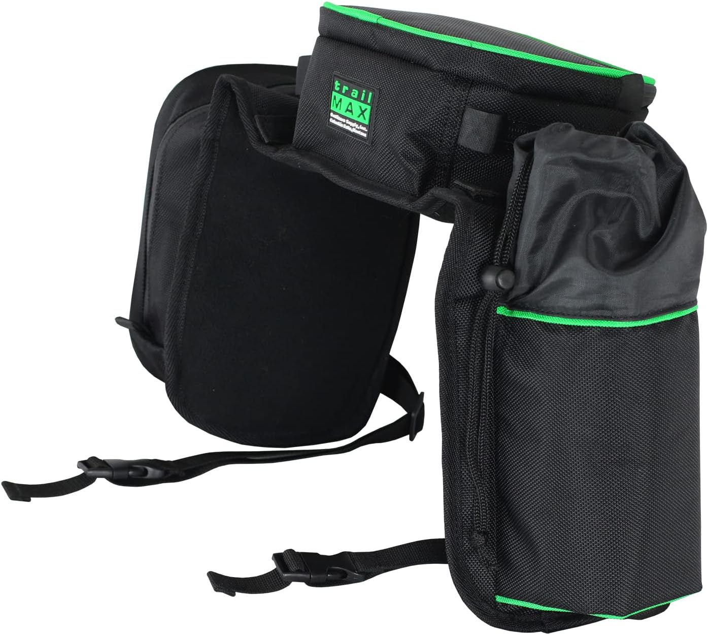 TrailMax Compact English Pommel Pocket Horse Saddle bag; English Front Pocket Horse Saddle Bag w/Water Bottle Sleeve; English/Endurance/Australian Saddle bags; Horse Saddle Bags for Trail Riding;Green