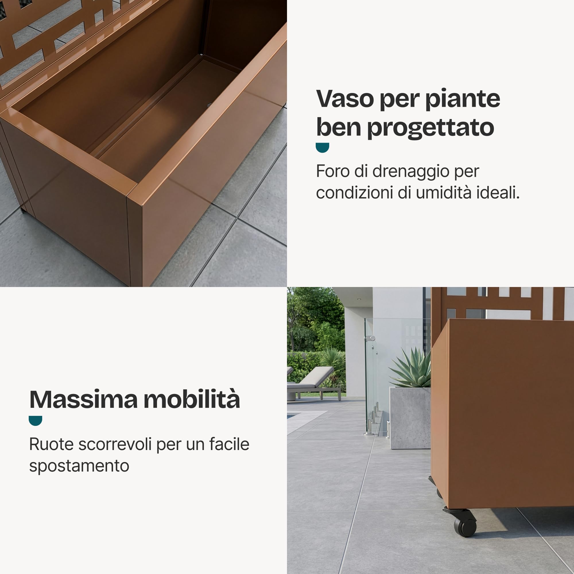 casa.pro Fioriera con Grigliato Fioriera Mobile con Spalliera Pannello Divisorio con Portapiante a 4 Rotelle Separatore da Terrazza 190 x 82 x 38 cm Acciaio Marrone
