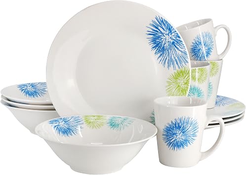Gibson Home Blue Meadow 12 Piece Fine Ceramic Dinnerware Set in White with Colored Accents