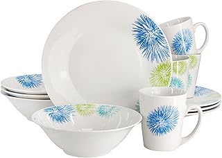 Gibson Home Blue Meadow 12 Piece Fine Ceramic Dinnerware Set in White with Colored Accents
