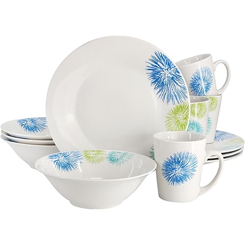 Gibson Home Blue Meadow 12 Piece Fine Ceramic Dinnerware Set in White with Colored Accents