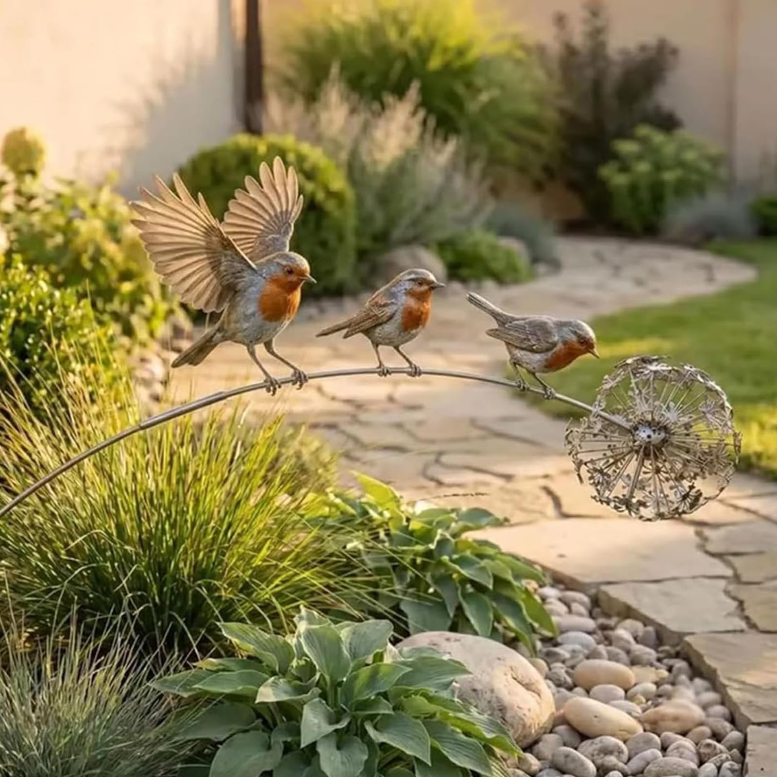 Generico Paletto da giardino con pettirosso, 3 uccelli pettirosso e disegno di dente di leone, paletto da giardino per esterni per passerella su aiuola di fiori nel patio (2PCS)
